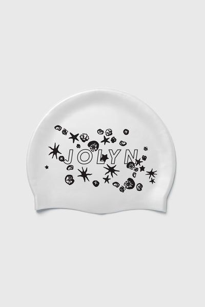 Up close image of the silicone swim cap in the Black Shell print