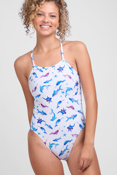 
Female model wearing the Women's Jackson One Piece Swimsuit in the Marine Magic print, standing in front of a white background, shown from front view.