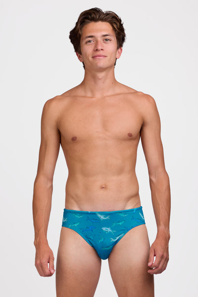 Male model wearing the Men's Brolyn Swim Brief in the Bite print, standing in front of a grey background shown from the front view

|| Size 32, Hip 29" 