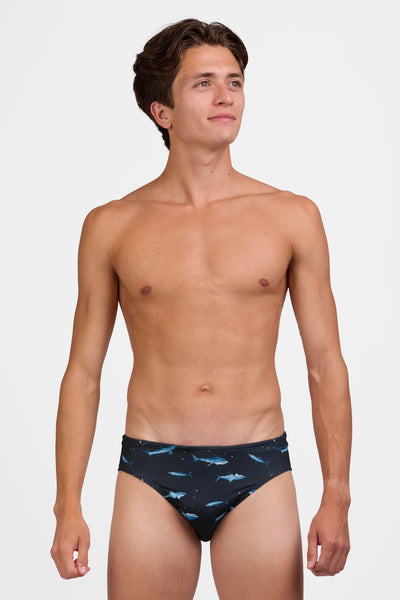 Male model wearing the Mens Brolyn Swim Brief in the Shortfin print standing in front of a grey background, shown from the front view 

|| Size 32, Hips 29"  