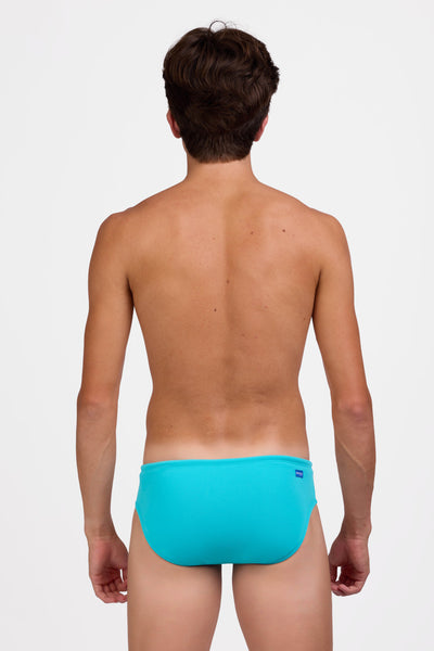 Male model wearing the Men's Brolyn Swim Brief in the Sky Blue solid, standing in front of a grey background shown from the back view

|| Size 32, Hips 39"  