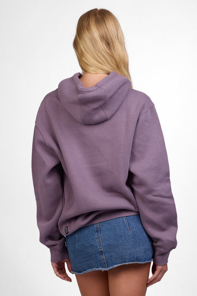 Female model wearing the Women's Raine Hoodie in the Buddaflies solid, standing in front of a grey background shown from the back view

|| Size S, Bust 32"