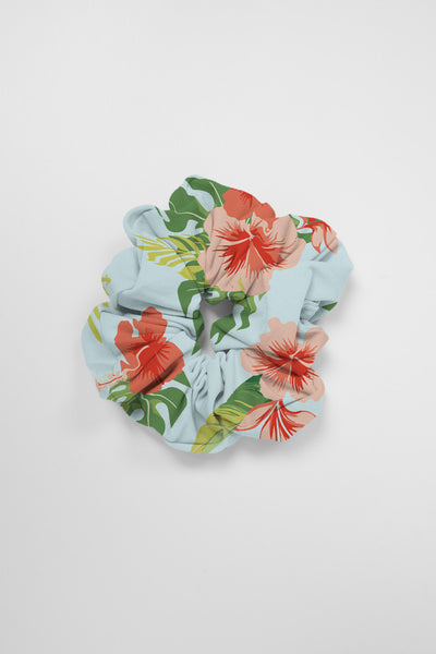 Flat Lay image of a Scrunchie in the Alohana print, on top of a grey background, shown from the front view