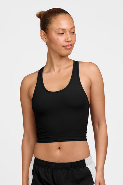 Female model wearing the Women's Rochelle Tank in the Black solid, standing in front of a grey background shown from the front view 

|| Size M, Bust 35"