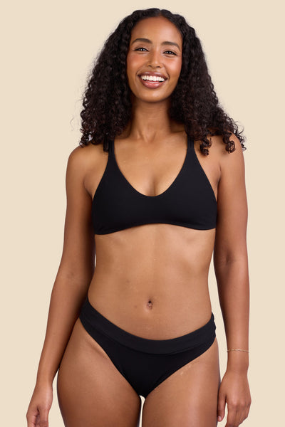 Female model wearing the Women's Alanna Bikini Bottom in the Black Ribbed solid, standing in front of a yellow background shown from the front view

|| Size S, Hips 37"
