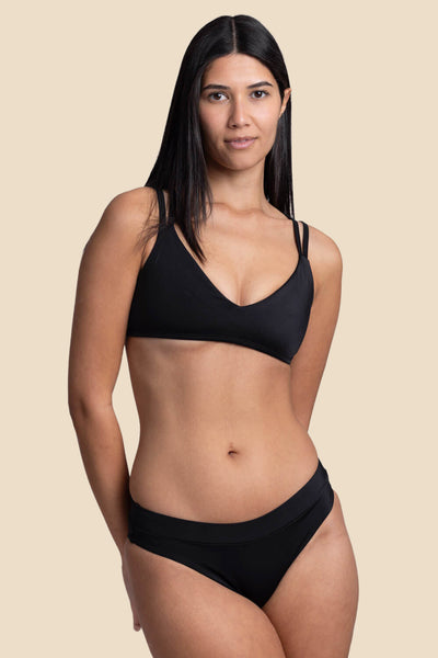 Female model wearing the Women's Alanna bikini Bottom in the Black solid, standing in front of a yellow background, shown from the front view