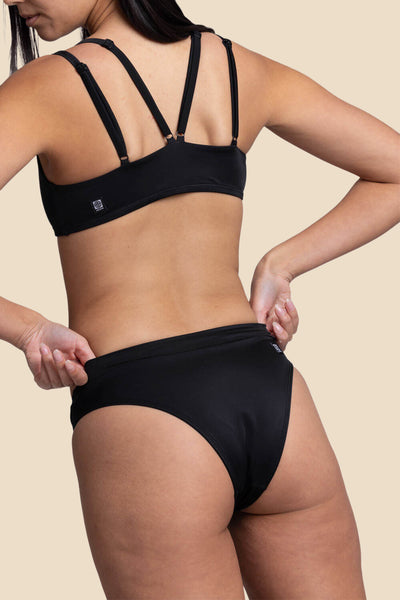 Female model wearing the Women's Alanna bikini Bottom in the Black solid, standing in front of a yellow background, shown from the back view