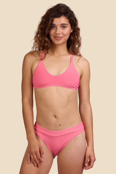 Female model wearing the Women's Alanna Bikini Bottom in the Tea Rose Ribbed solid, standing in front of a yellow background shown from the front view

|| Size S, Hips 39"  