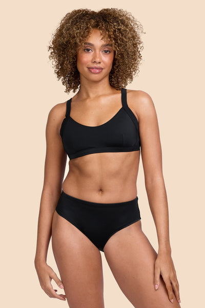 Female model wearing the Women's Dakota Bikini Bottom in the Black solid, standing in front of a yellow background shown from the front view

|| Size S, Hip 36"  