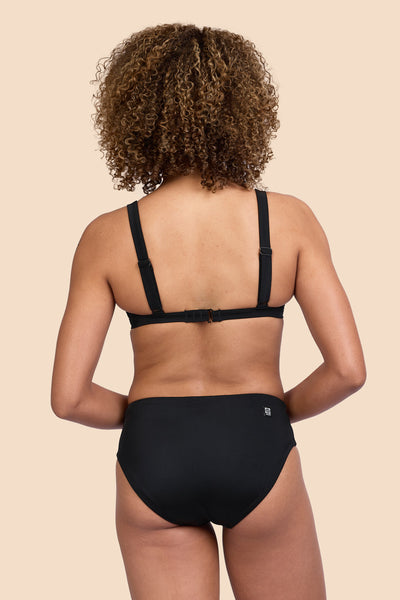 Female model wearing the Women's Dakota Bikini Bottom in the Black solid, standing in front of a yellow background shown from the back view

|| Size S, Hip 36"  