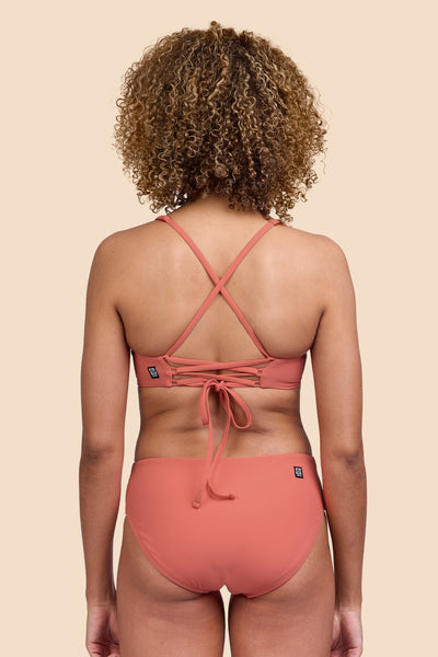 Female model wearing the Women's Dakota Bikini Bottom in the Serrano Ribbed solid, standing in front of a yellow background, shown from the back view

|| Size S, Hip 36" 
