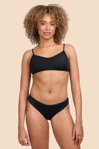 Female model wearing the Women's Gina Bikini Bottom in the Black solid, standing in front of a yellow background shown from the front view

|| Size S, Hip 36"  