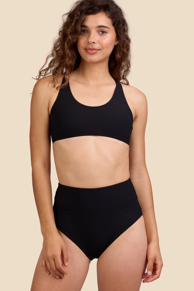 Female model wearing the Women's Janna Bikini Bottom in the Black Ribbed solid, standing in front of a yellow background shown from the front view

|| Size S, Hips 39"