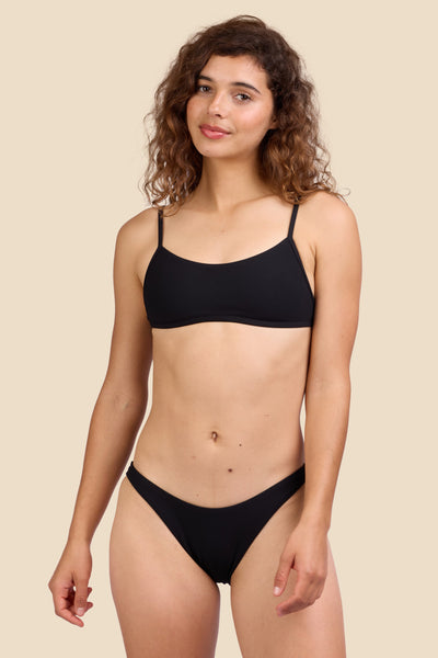 Female model wearing the Women's Kelia Bikini Bottom in the Black Ribbed solid, standing in front of a yellow background shown from the front view

|| Size S, Hips 39"