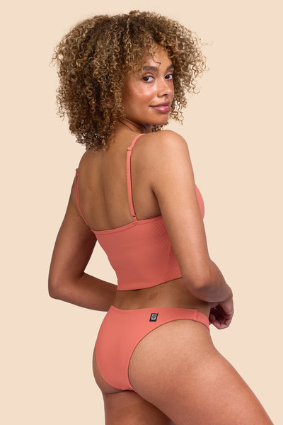 Female model wearing the Women's Kelia Bikini Bottom in the Serrano Ribbed solid, standing in front of a yellow background, shown from the side view

|| Size S, Hip 36" 