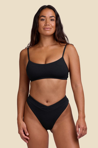 Female model wearing the Women's Sirena Bikini Bottom in the Black solid, standing in front of a yellow background shown from the front view

|| Size S, Hips 35"  