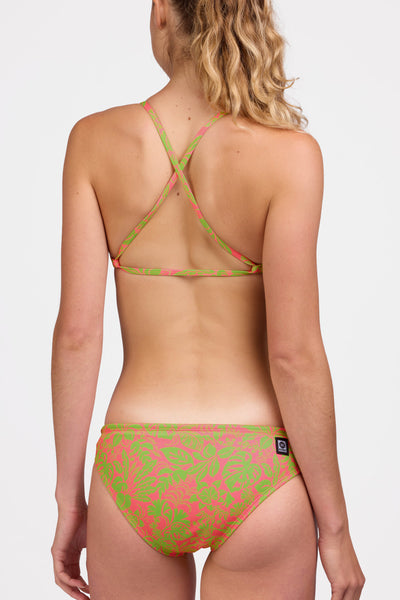 Female model wearing the Women's Andy Bikini Bottom in the Island Life print, standing in front of a grey background shown from the back view 

|| Size S, Hips 35"