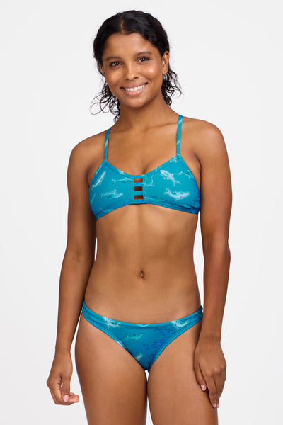 Female model wearing the Women's Europe Bikini Bottom in the Bite print, standing in front of a grey background shown from the front view

|| Size S, Hips 36.5" 