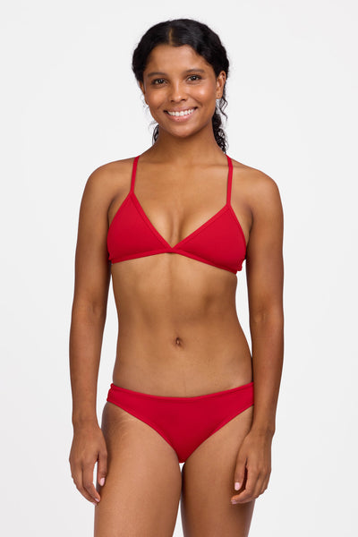 Female model wearing the Women's Midl Bikini Bottom in the Red solid, standing in front of a grey background shown from the front view

|| Size S, Hips 36.5"