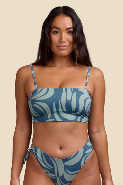 Female model wearing the Women's Alessia Bikini Top in the Sumatra print, standing in front of a yellow background shown from the front view

|| Size S, Bust 34"  