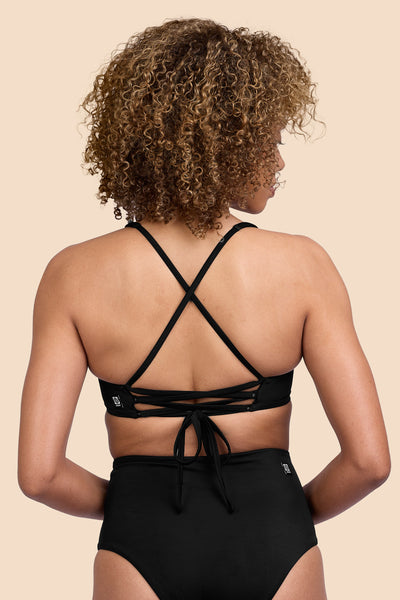 Female model wearing the Womens Blake Bikini Top in the Black solid, standing in front of a yellow background shown from the back view

|| Size S, Bust 32.5"  