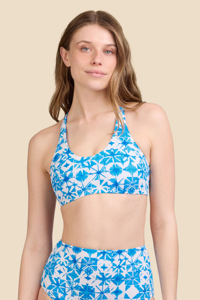 Female model wearing the Women's Blake Bikini Top in the Bluefin print, standing in front of a yellow background shown from the front view

|| Size S, Bust 30.5"  
