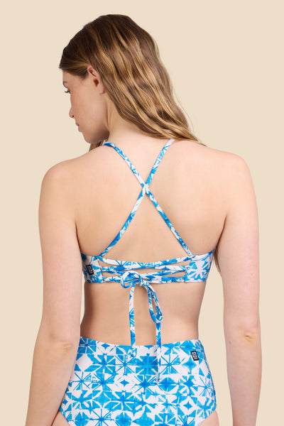 Female model wearing the Women's Blake Bikini Top in the Bluefin print, standing in front of a yellow background shown from the back view

|| Size S, Bust 30.5"  

