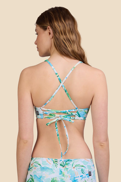 Female model wearing the Women's Blake Bikini Top in the Cocopalm print, standing in front of a yellow background shown from the back view

|| Size S, Bust 30.5"  
