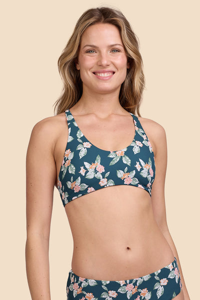 Female model wearing the Women's Blake Bikini Top in the Islander Ribbed print, standing in front of a yellow background, shown from the front view

|| Size S, Bust 33"  