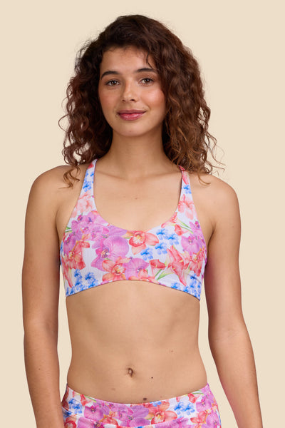 Female model wearing the Women's Blake Bikini Top in the Orchids ribbed print, standing in front of a yellow background shown from the front view

|| Size S, Bust 35.5" 