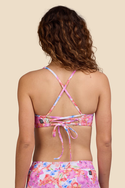Female model wearing the Women's Blake Bikini Top in the Orchids ribbed print, standing in front of a yellow background shown from the back view

|| Size S, Bust 35.5" 