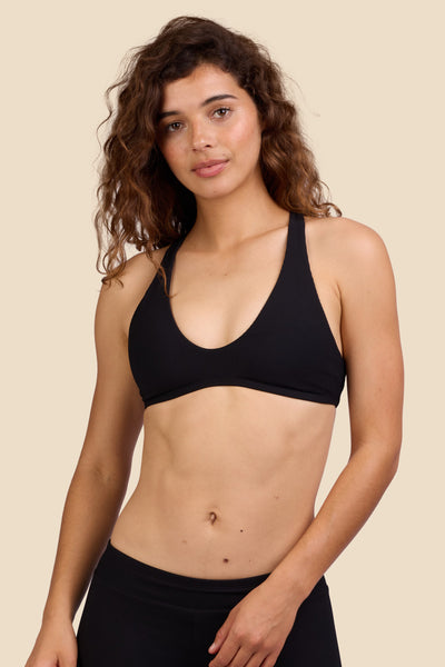 Female model wearing the Women's Doris Bikini Top in the Black Ribbed solid, standing in front of a yellow background shown from the front view

|| Size S, Bust 35.5"