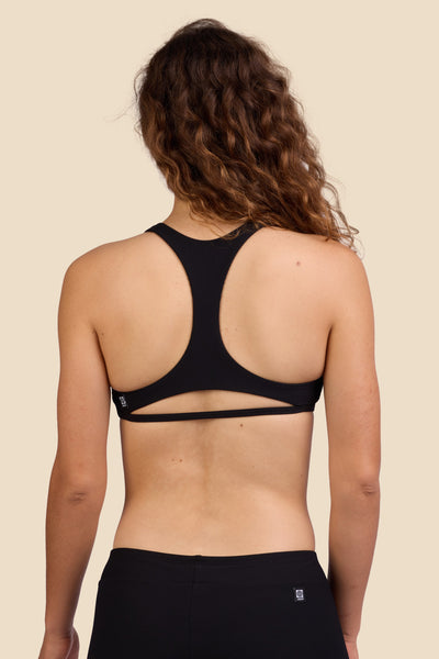 Female model wearing the Women's Doris Bikini Top in the Black Ribbed solid, standing in front of a yellow background shown from the back view

|| Size S, Bust 35.5"