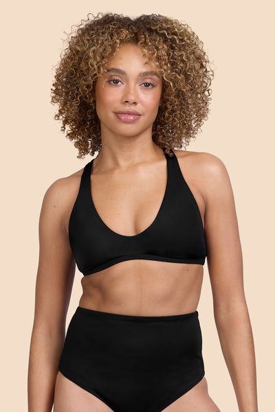 Female model wearing the Womens Doris Bikini Top in the Black solid, standing in front of a yellow background shown from the front view

|| Size S, Bust 32.5"  
