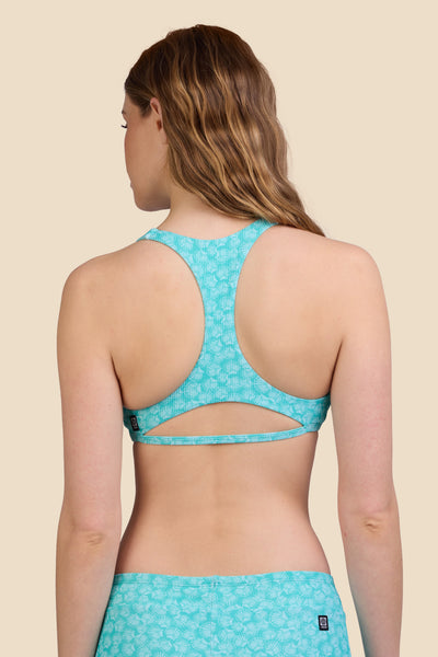 Female model wearing the Women's Doris Bikini Top in the Clamshell Ribbed print, standing in front of a yellow background shown from the back view

|| Size S, Bust 30.5"  
