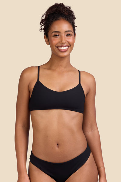 Female model wearing the Women's Eryn Bikini Top in the Black Ribbed solid, standing in front of a yellow background shown from the front view

|| Size S, Bust 32"  