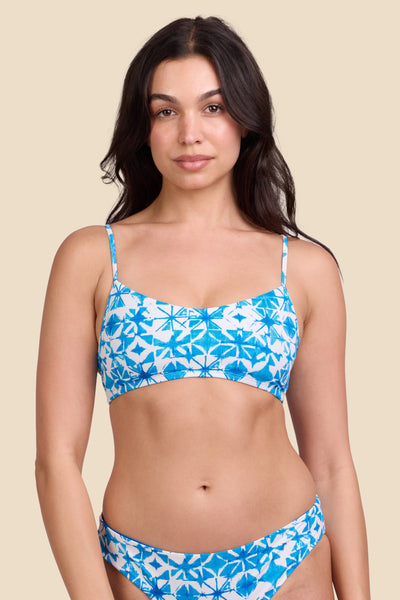 Female model wearing the Women's Eryn Bikini Top in the Bluefin print, standing in front of a yellow background shown from the front view

|| Size M, Bust 32"  

