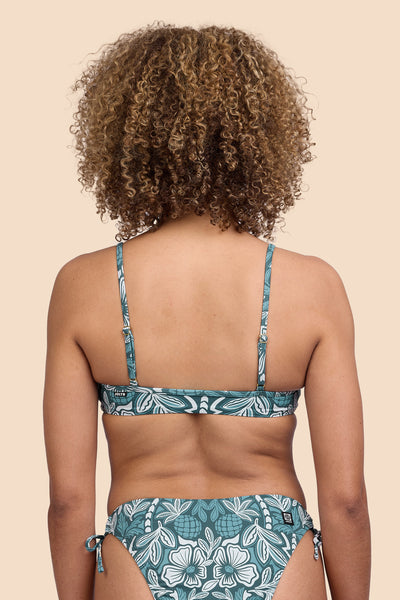 Female model wearing the Womens Faye Bikini Top in the Shorebreak print, standing in front of a yellow background shown from the back view

|| Size S, Bust 32.5"  
