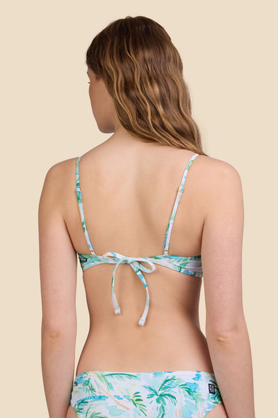 Female model wearing the Women's Hikari Bikini Top in the Cocopalm print, standing in front of a yellow background shown from the side view

|| Size S, Bust 30.5"  
