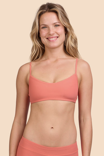 Female model wearing the Women's Hikari Bikini Top in the Serrano Ribbed solid, standing in front of a yellow background, shown from the front view

|| Size S, Bust 33" 