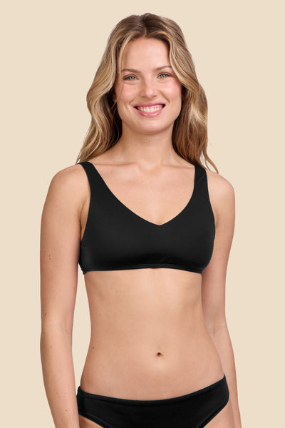 Female Model wearing the Women's Kacey Bikini Top in the Black solid, standing in front of a yellow background, shown from the front view

|| Size S, Bust 33"  