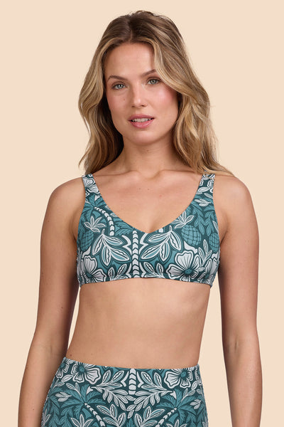 Female model wearing the Women's Kacey Bikini Top in the Shorebreak print, standing in front of a yellow background shown from the front view

|| Size S, Bust 33"  