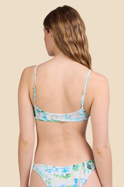 Female model wearing the Women's Lori Bikini Top in the Cocopalm print, standing in front of a yellow background shown from the back view

|| Size S, Bust 30.5"  
