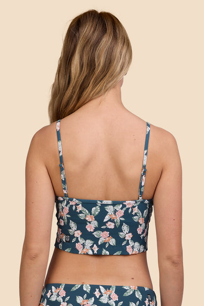 Female model wearing the Women's Luca Tankini Top in the Islander Ribbed print, standing in front of a yellow background, shown from the back view

|| Size S, Bust 33"  
