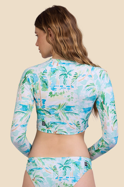 Female model wearing the Women's Moana Rashie in the Cocopalm print, standing in front of a yellow background shown from the back view

|| Size S, Bust 30.5"  
