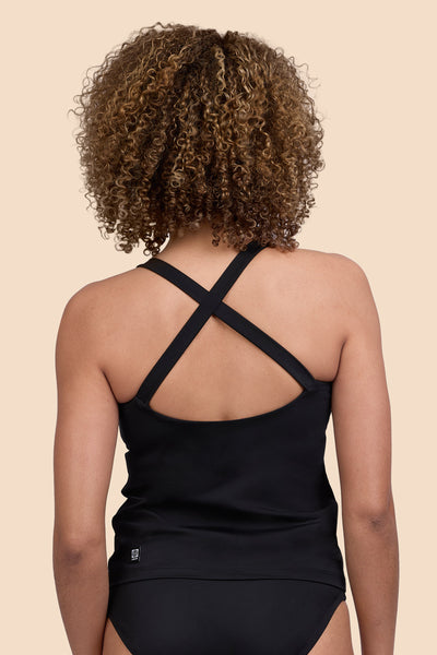 Female model wearing the Womens Paula Tankini Top in the Black solid, standing in front of a yellow background shown from the back view

|| Size S, Bust 32.5"  