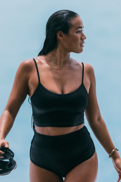 Female model wearing the Women's Wren Bikini Top in the Black solid, standing in front of a blue background shown from the front view

|| Size S, Bust 34"  