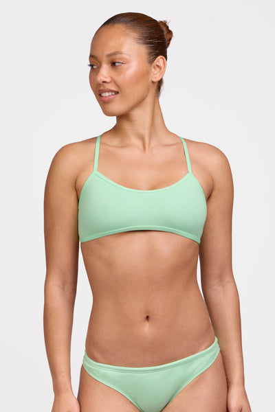 Female model wearing the Women's Jocelyn Bikini Top in the Mint solid, standing in front of a grey background shown from the front view

|| Size L, Bust 35"