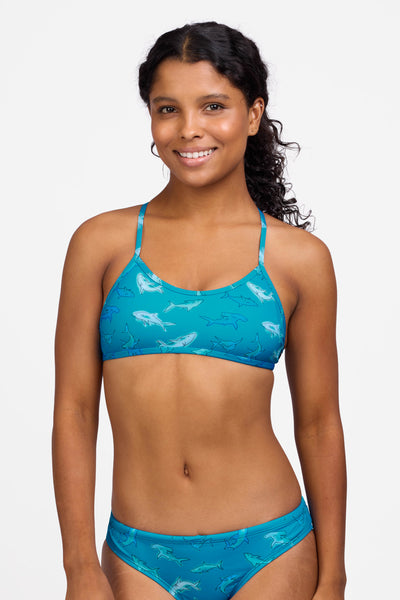 Female model wearing the Women's Natalie Bikini Top in the Bite print, standing in front of a grey background shown from the front view

|| Size S, Bust 32.5" 