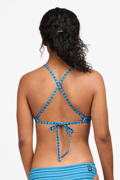 Female model wearing the Women's Triangle Bikini Top in the Drift print, standing in front of a grey background shown from the back view 

|| Size S, Bust 32.5"
